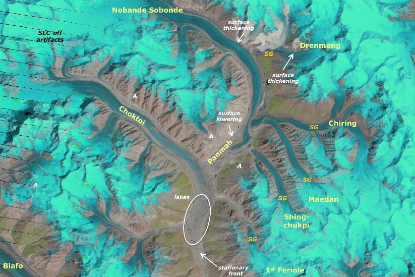 Labelled map of the Panmah and Choktoi glaciers