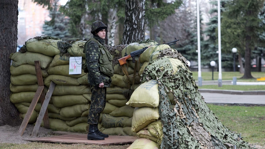 A soldier stands guard at the Ukrainian defence ministry in Kiev.