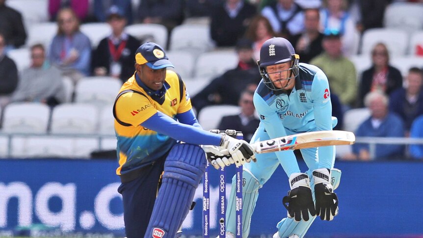 A batsman swings at the ball while a wicketkeeper braces behind the stumps.