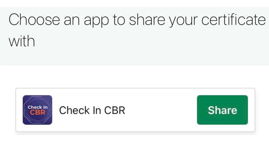 Medicare app offering to link a vaccination certificate to Check In CBR app.