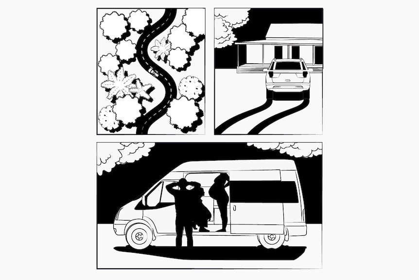 Comic illustration of driving through windy road and pulling up at front of house.