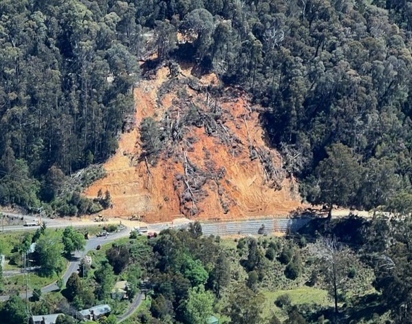 A landslip down a mountain viewed from up above 