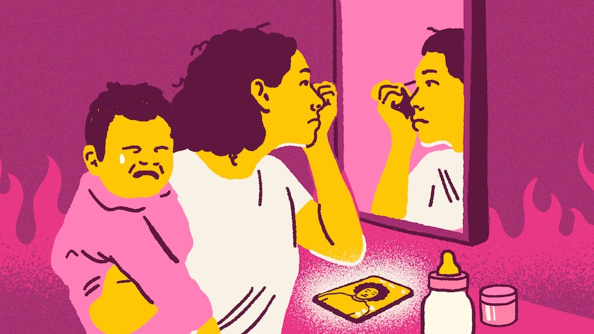 Illustration of a woman applying makeup in a mirror with a crying baby on her hip, flames all around them, phone glowing