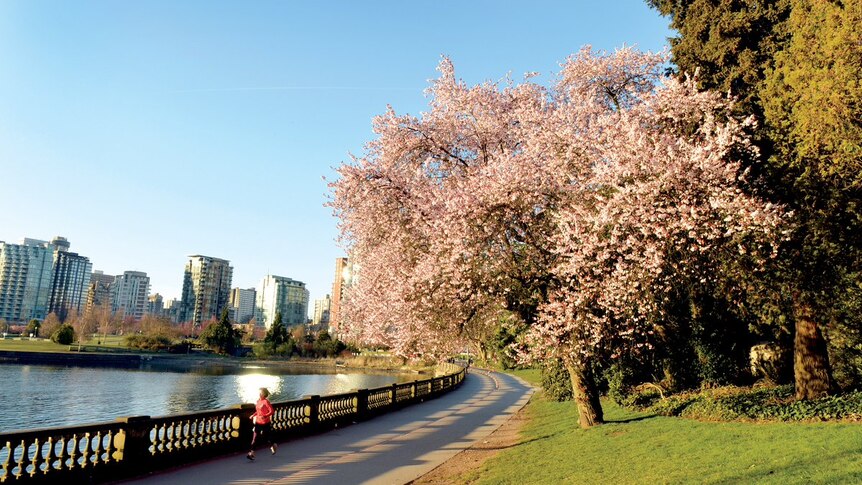 A woman runs along the waterfront in Vancouver, Canada.