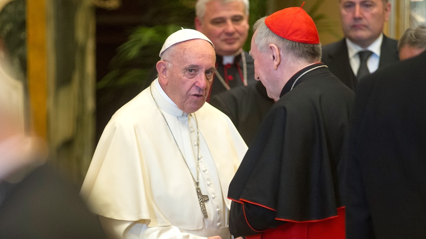 pope francis shakes hands with Cardinal Secretary pietro parolin