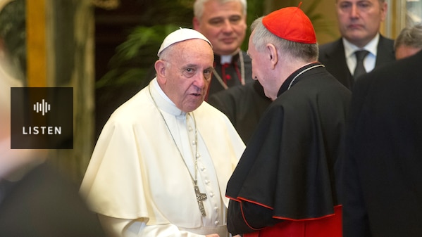 pope francis shakes hands with Cardinal Secretary pietro parolin. Has Audio.