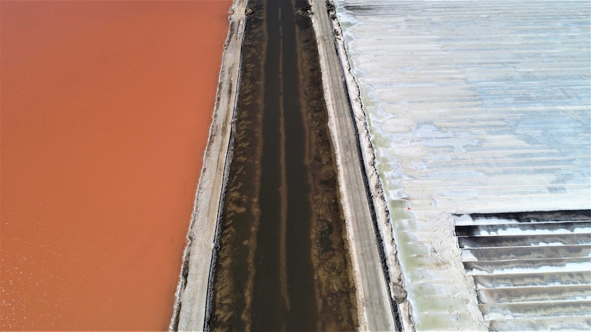 a water catchment sits between a pink lake and a white salt field