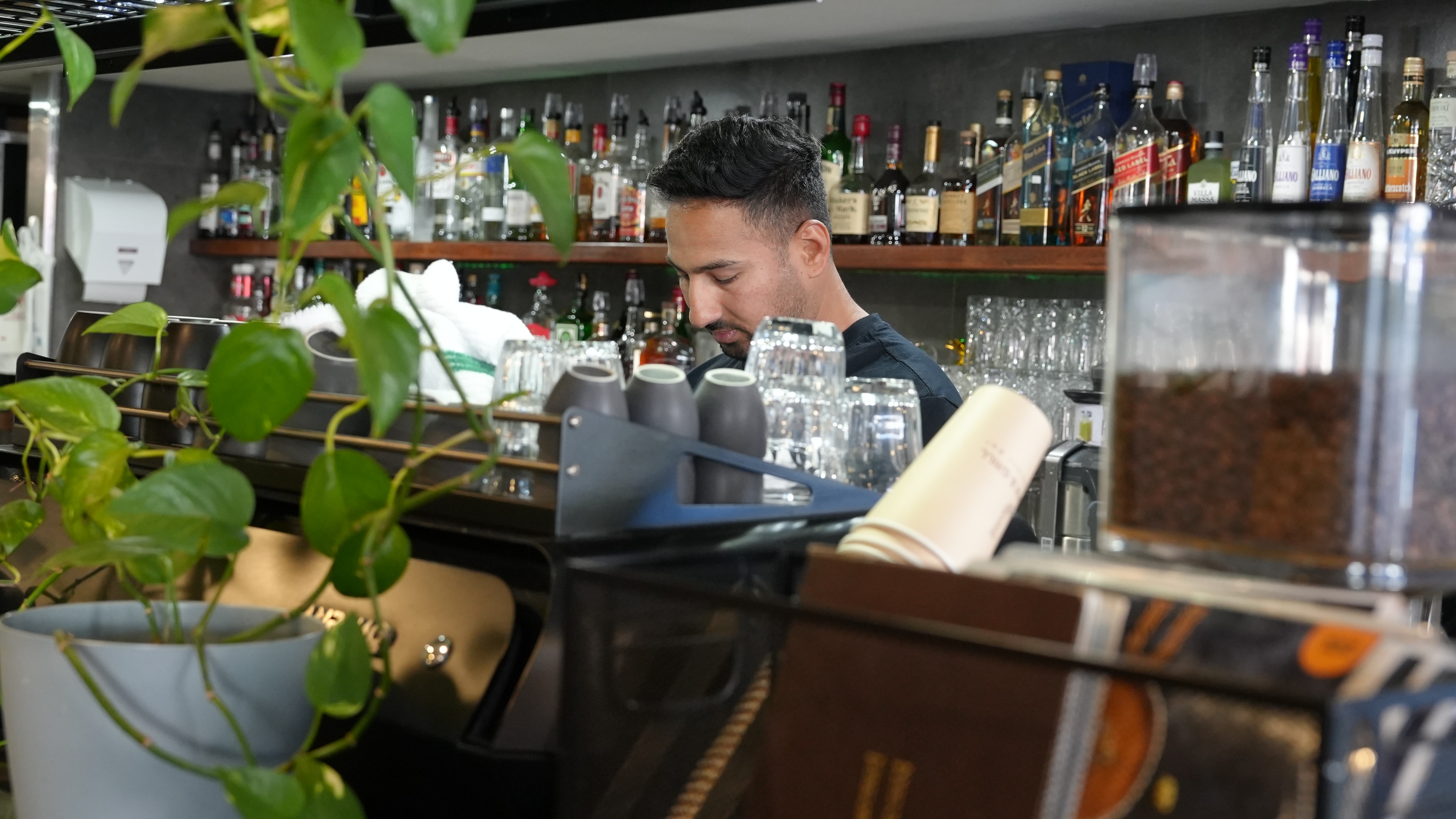 A man with short, dark hair, wearing a t-shirt, standing behind a coffee machine. There is a plant in the foreground.
