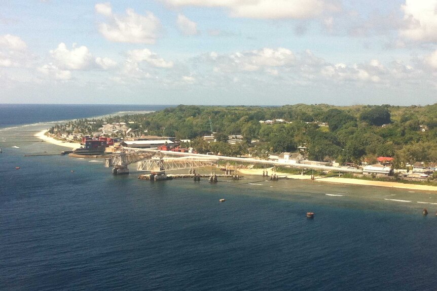 Ship loading equipment is seen on Nauru's coastline