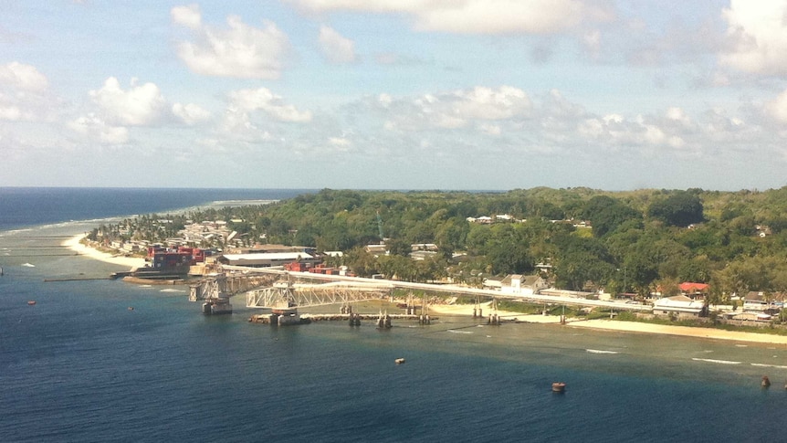 Ship loading equipment is seen on Nauru's coastline