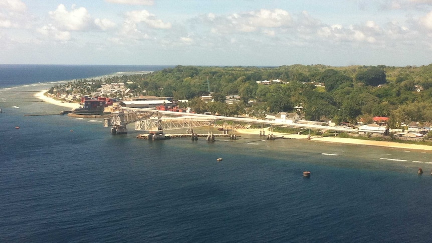 Ship loading equipment is seen on Nauru's coastline