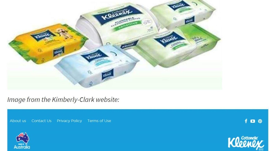 two images showing kleenex flushable wipes at the top as well as a website footer featuring a made in Australia logo