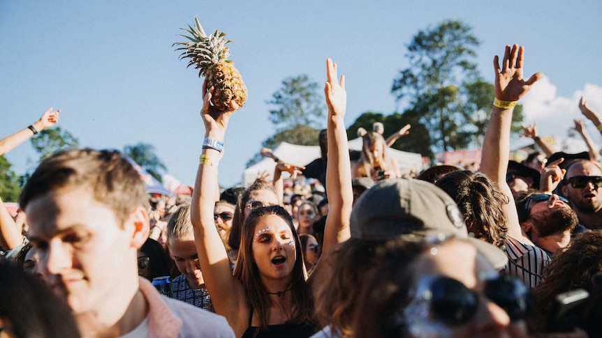Festival crowd with girl holding up a pineapple