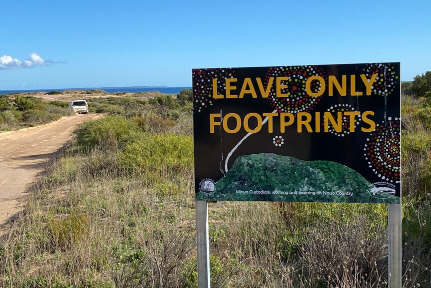 Brown sign with yellow lettering saying Leave Only Footprints, green rock on sign