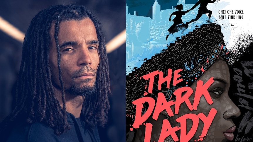 Headshot of rapper Akala on left, and book cover of The Dark Lady on right