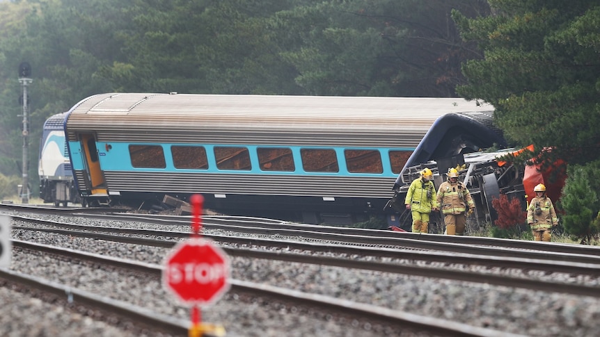 Police investigate a train carriage that's derailed amongst trees at night.