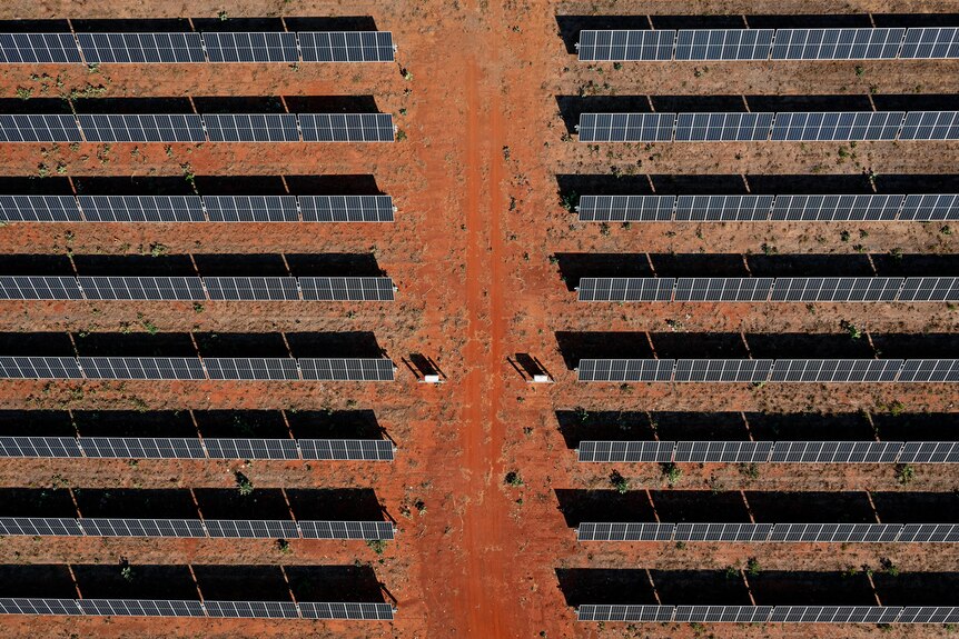 Vista aérea de filas de paneles solares en suelo rojo directamente desde arriba.