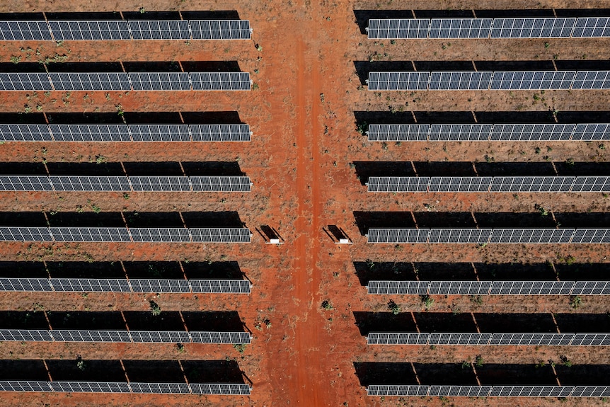 Aerial view of rows of solar panels on red soil from directly above.