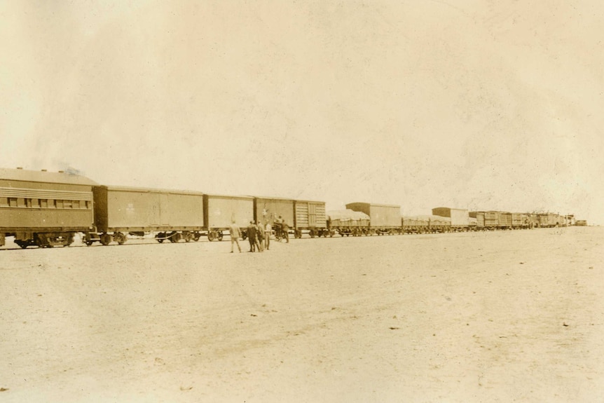 A sepia-toned old photo of a train with more than a dozen freight and passenger cars disappearing to the horizon.