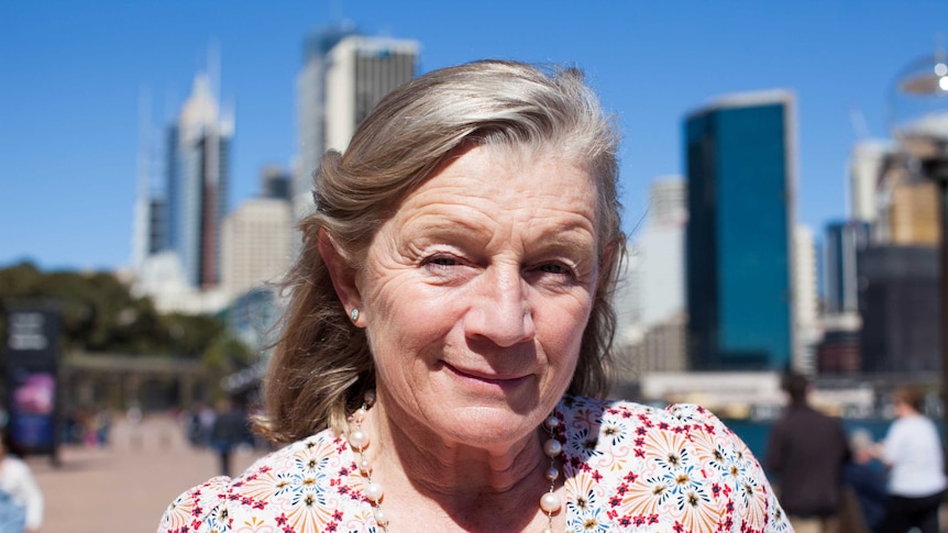 Alison Lester, author and illustrator, stands in Circular Quay