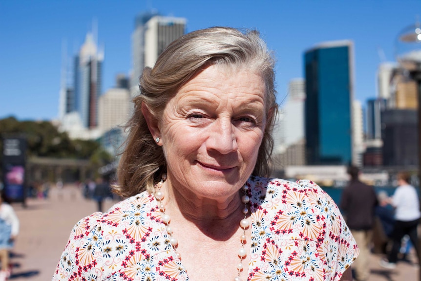 Alison Lester, author and illustrator, stands in Circular Quay