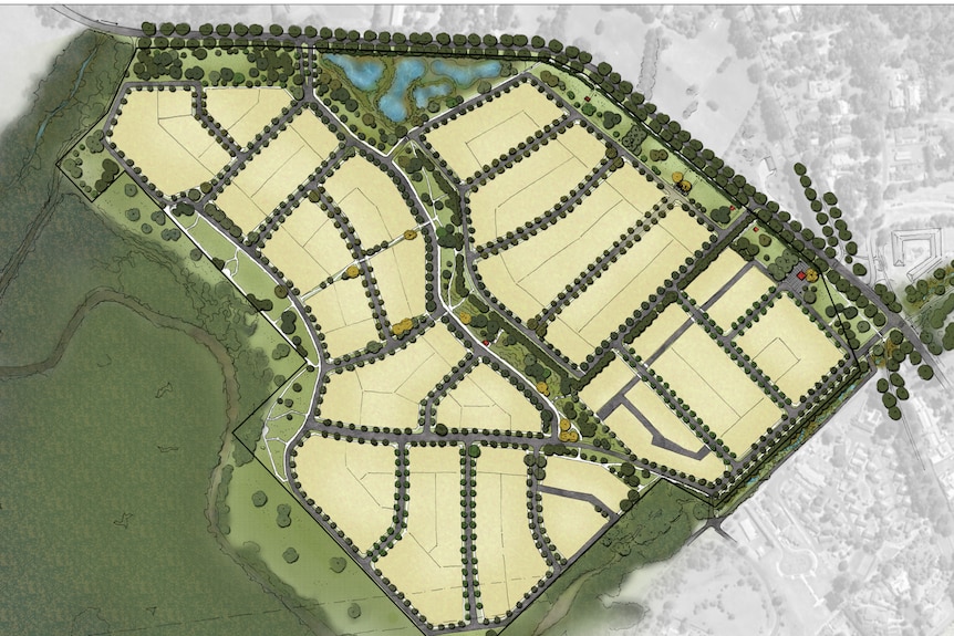 A digital mockup of a development plan, aerial view of a block of land divided into sections