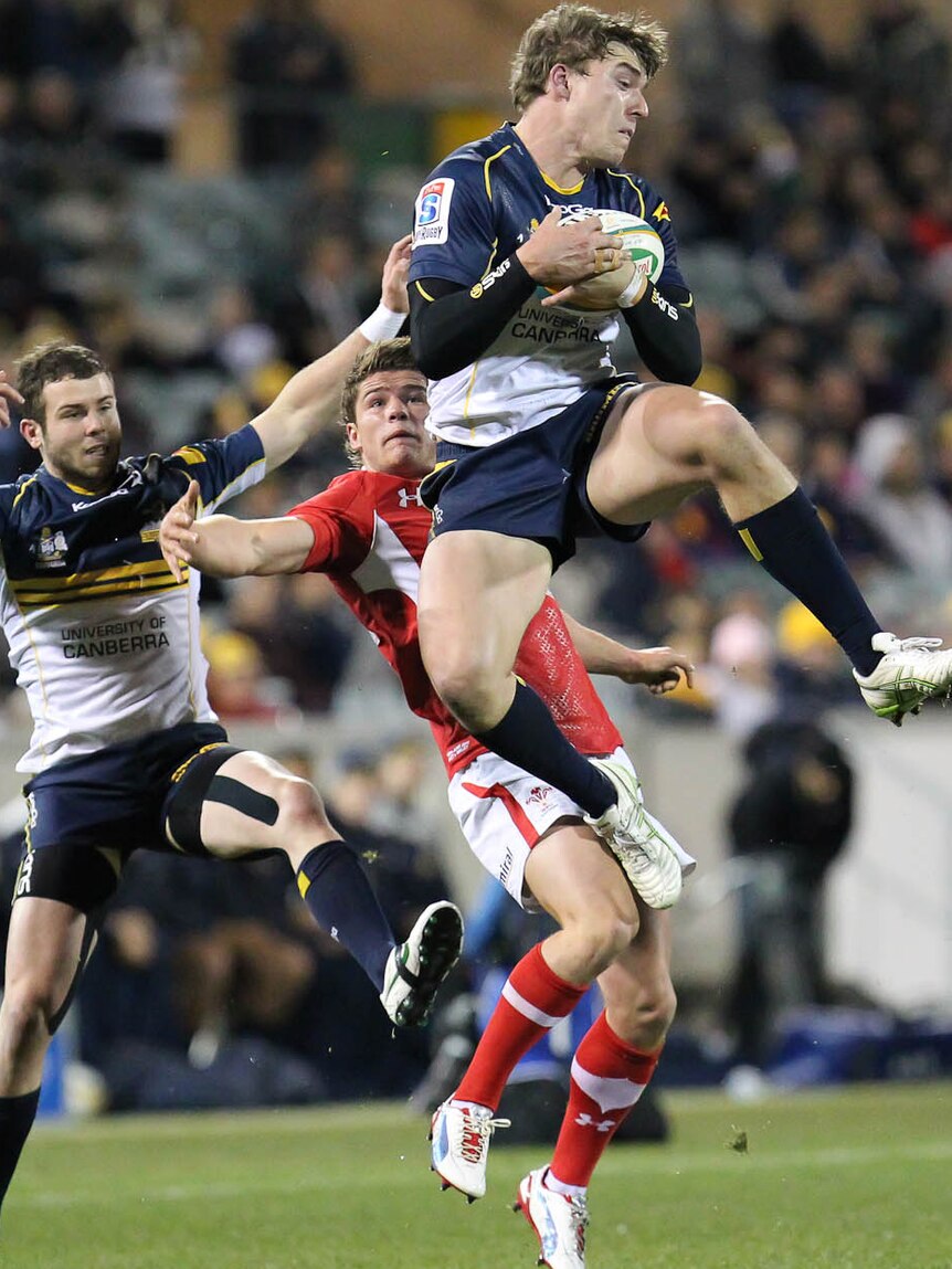 Brumbies player, Cam Crawford, flies during loss to Wales.