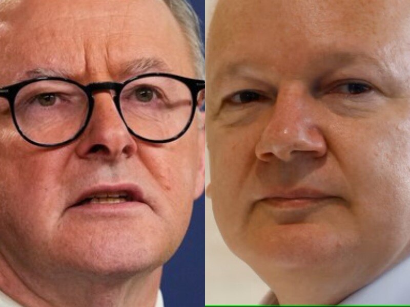 Anthony Albanese and Julian Assange's faces in a composite image. 