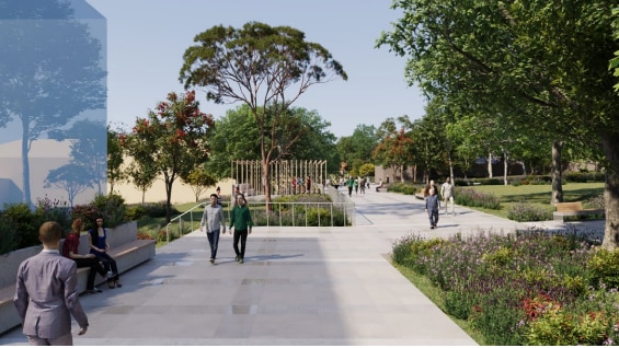 An artist's impression of people walking along a footpath next to a mirrored building and trees and garden beds.