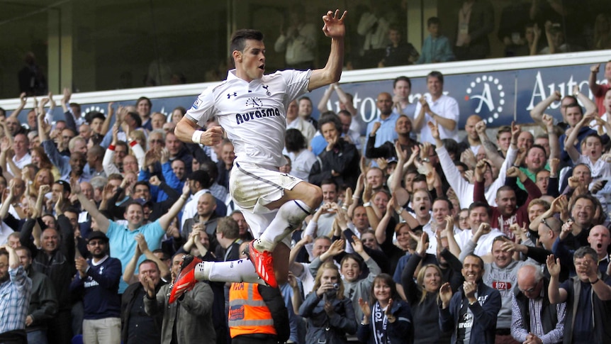 Spurs' Gareth Bale celebrates after scoring the winning goal against Sunderland in May 2013.