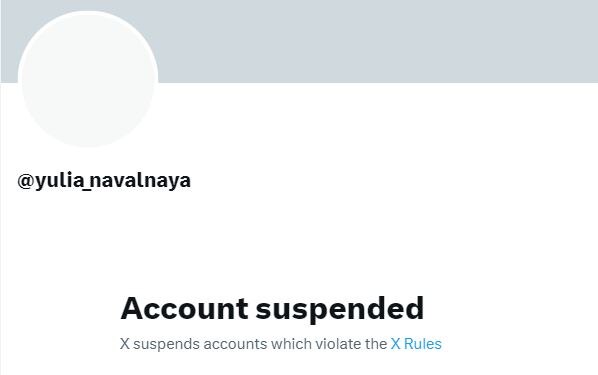 Screenshot of Twitter suspension of Yulia Navalnaya's account