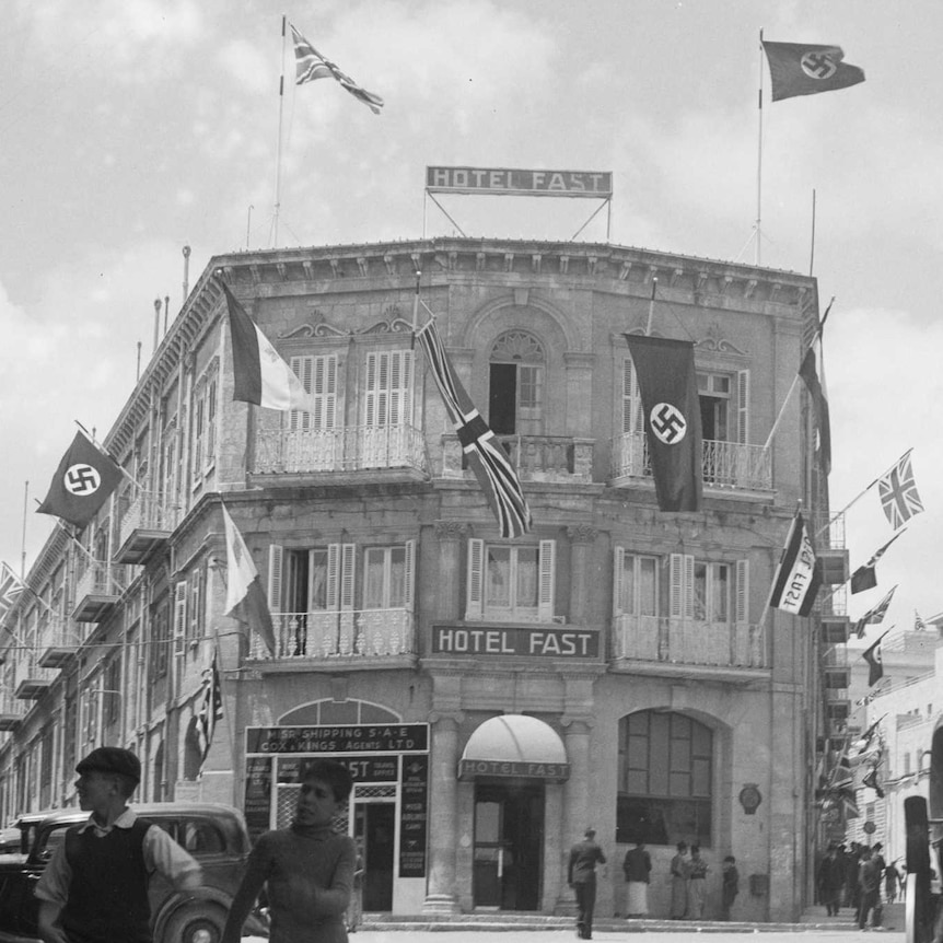 The Fast Hotel pictured in May, 1937 and flying several Nazi flags to celebrate the coronation of Britain's King George VI.