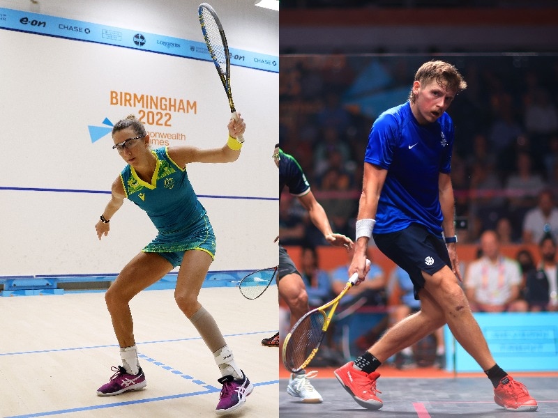 Composite image of a female squash player and a male squash player