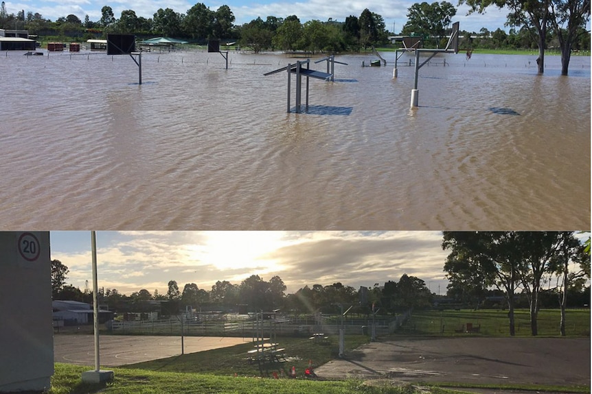 Before and after the floods at Beenleigh State High School.