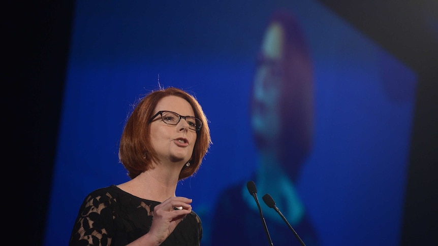 Australian Prime Minister Julia Gillard makes a speech at the AWU National Conference dinner.
