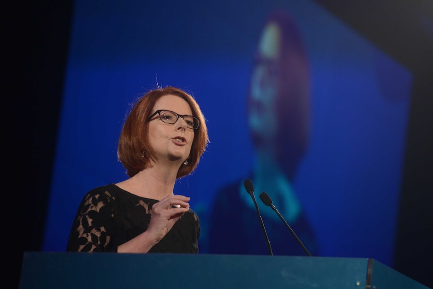 Australian Prime Minister Julia Gillard makes a speech at the AWU National Conference dinner.