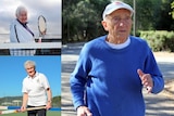 Three elderly sports people - a tennis player, a hockey player and a runner.