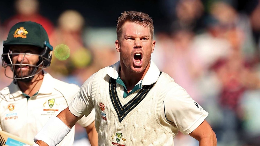 Australia batsman David Warner scrunches up his face as he shouts. Matthew Wade stands in the background.
