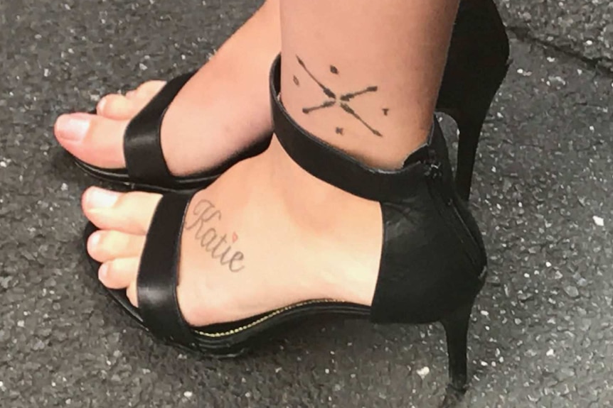 The name "Katie" is shown tattooed on Bianca Unwin's foot.