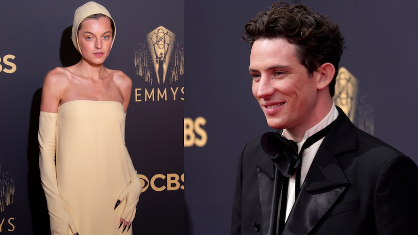The Crown stars on the red carpet. Emma wears a pale yellow bonnet and strapless gown. Josh in a black suit