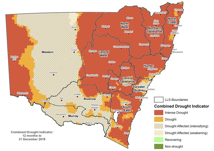 A map of NSW showing much of eastern and far western NSW in intense drought and the whole state drought affected.