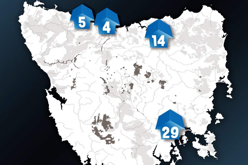 Map of Tasmania showing the number of women's shelters in Tasmania