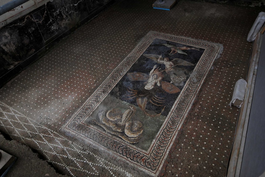 A rectangle mosaic on the floor inside a room