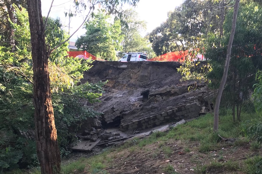 A landslip near Warrigal Road at Surrey Hills in Melbourne's east, after severe storm weather.