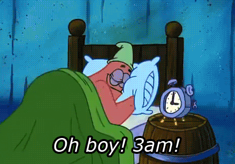 A gif of Patrick from the cartoon Spongebob Square Pants eating a burger at 3am