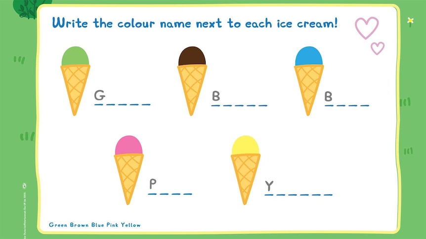 Different coloured ice creams with the text "write the colour name next to each ice cream"