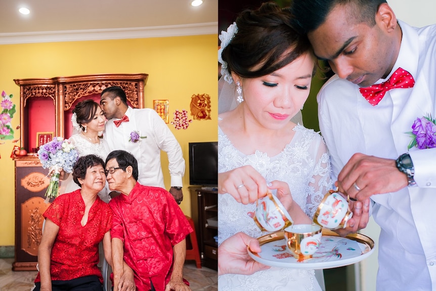 A composite of Vick and Matisse pouring tea and another photo of the couple taking a photo with Matisse's parents.