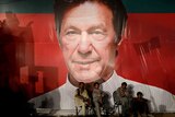 Workers sit in front of a huge Imran Khan billboard.
