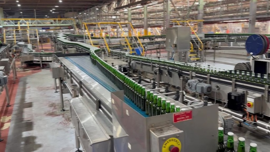 A factory showing beer bottles on a production line. The line of bottles disappears in to the distance.