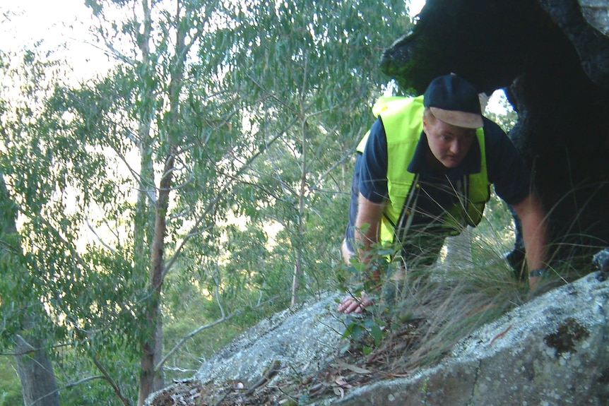 Un hombre trepando una roca en el monte.